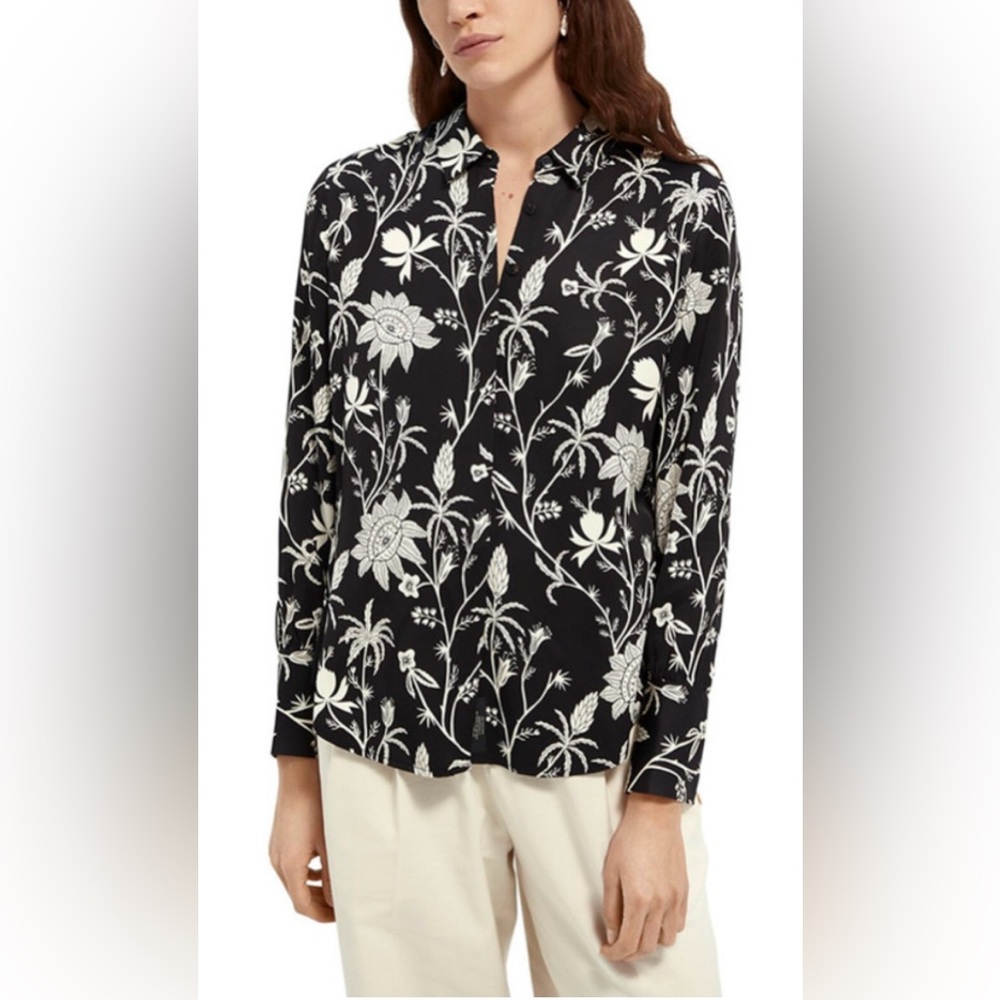 Scotch & Soda Floral Print Button Down Shirt Women's Medium Black White‎